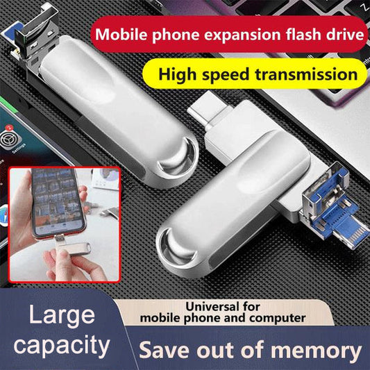 🔥 54% KORTING ! ✨ 4-in-1 Telefoon USB-Stick - Uitbreiding Opslag, Drie Poorten, Snel Back-up 💾📱