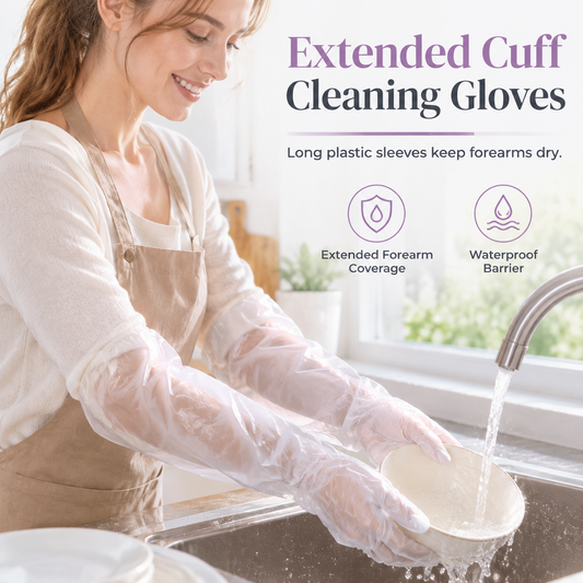 📢📢50% OFF !! ⏰ Disposable Long-Cuff Cleaning Gloves – Extended Sleeve Coverage for Splash-Prone Chores, Lightweight Film Construction, Gathered Cuff Fit & Lower-Forearm Protection – 20/50/100 Pack 🧤