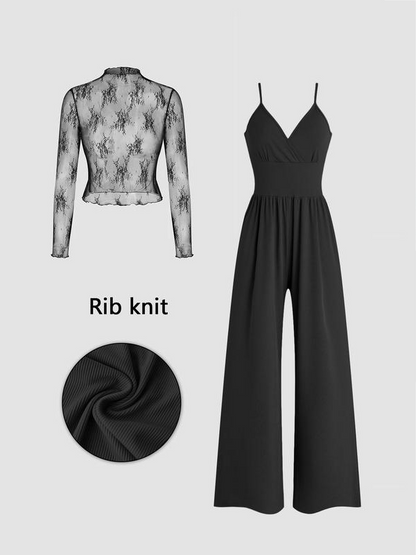👗 LIMITED-TIME 50% RABATT! ✨ Glamouröser Zweiteiler – V-Ausschnitt Overall, Spitzen-Shirt ✨