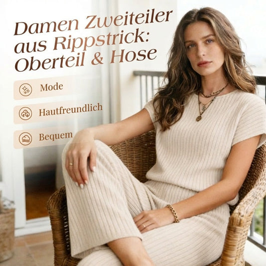 👚 LIMITED-TIME 50% RABATT! ✨ Damen Rippstrick Zweiteiler – Lockerer Schnitt, Weite Hose, Weicher Stoff ✨
