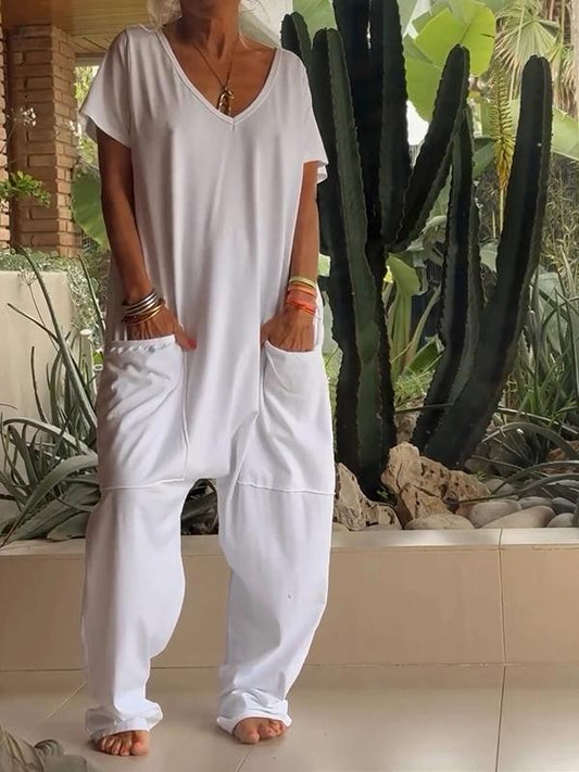 👕 50% RABATT JETZT! Lässiger Jumpsuit mit V-Ausschnitt – Einfarbig, Aus Weicher Baumwolle & Vielseitig 👖✨