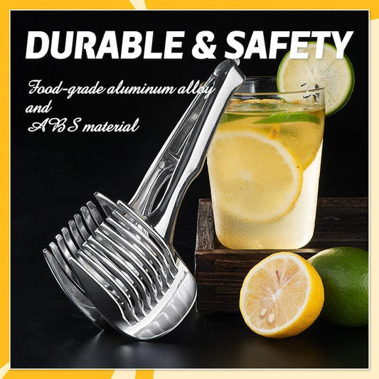 📢📢50% OFF !!⏰ 🍋Creative Kitchen Slice Cutting Tool, Food‑Grade Aluminum Alloy Hand‑Held Slicer, Quick Slicing Holder for Lemon, Tomato, Onion & Soft Fruits Vegetables