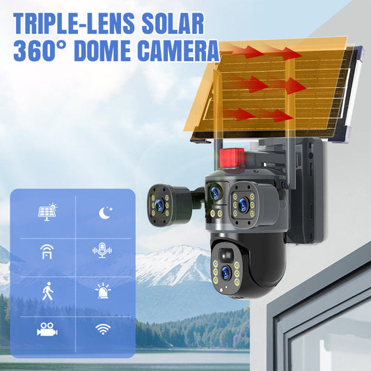 💎 50% RABATT! 💎 Solarbetriebene 360°-Kuppelkamera mit 3 Objektiven – Farb-Nachtsicht, Zweiwege-Audio & App-Steuerung 🌞🎥