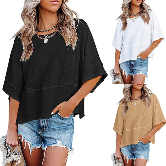 🌸 LIMITED-TIME 50% RABATT! ✨ Einfarbiges Patchwork-T-Shirt – Fünf-Punkt-Ärmel, Loose Fit, Weich 🌈