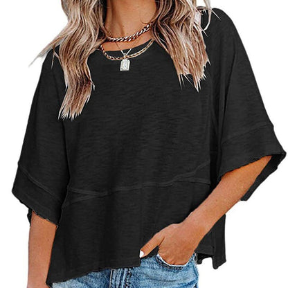 🌸 LIMITED-TIME 50% RABATT! ✨ Einfarbiges Patchwork-T-Shirt – Fünf-Punkt-Ärmel, Loose Fit, Weich 🌈