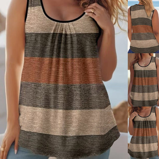 👚 50% RABATT ! ✨ Damen-Tanktop mit Farbblock-Muster & Gerüschtem Ausschnitt – Ärmellos & Kurz ✨