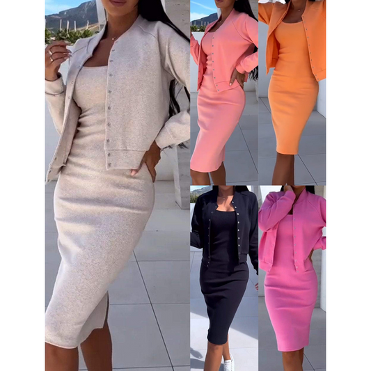 💎 62% RABATT – NUR FÜR KURZE ZEIT! 💎 Set aus figurbetontem Spaghettiträger-Kleid & Kurzjacke – 5 Farben, S–3XL, Stretch-Glamour ohne Kompromisse 🌸👗