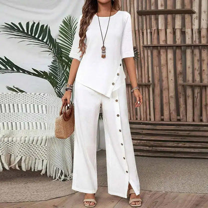 💎 -50% AUF 2-TEILIGES SET! 💎 Asymmetrisches Top & Weite Hose mit Knopf-Detail für Beruf & Freizeit 👖✨