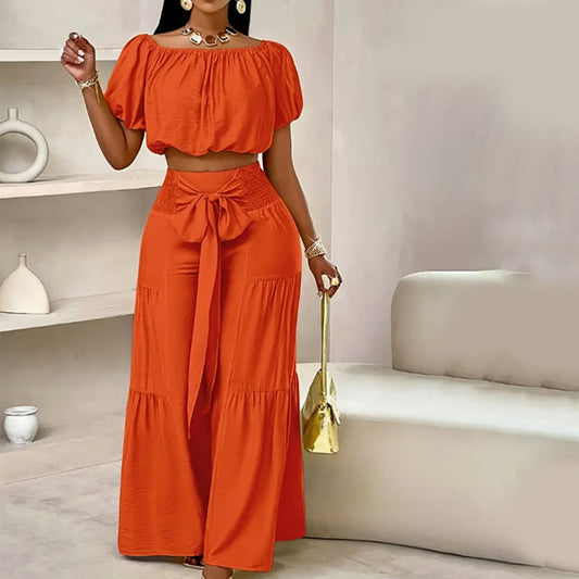 💎 -57% AUF DAS 2-TEILIGE SET! 💎 Schulterfreies Top mit Puffärmeln & Weite Hose – Elegant & Bequem für Warme Tage
