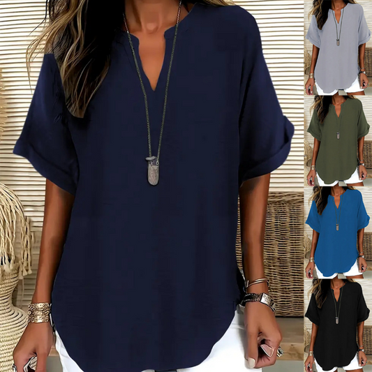 💎 60% RABATT! 💎 Modisches lockeres Kurzarm-Oberteil – Geschlitzter V-Ausschnitt, Asymmetrischer Saum & Leichtes Material (5 Farben, S–2XL) 👕🌸