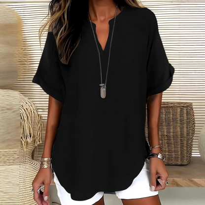 💎 60% RABATT! 💎 Modisches lockeres Kurzarm-Oberteil – Geschlitzter V-Ausschnitt, Asymmetrischer Saum & Leichtes Material (5 Farben, S–2XL) 👕🌸