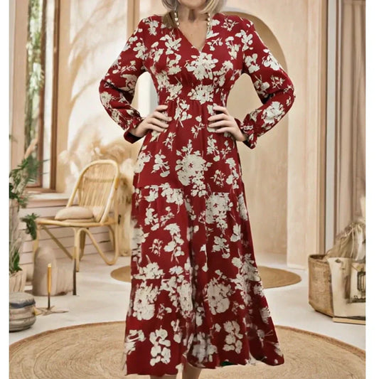 🌸Maxikleid mit V-Ausschnitt und Taille, floralem Charme in voller Blüte und langen Ärmeln, die Ihren Stil elegant unterstreichen!👗