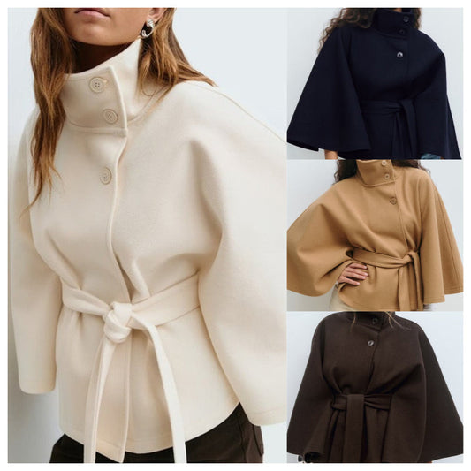 🧥 50% RABATT! Damen Cape-Mantel mit Stehkragen & Gürtel – Elegant, Figurbetont & Vielseitig Kombinierbar 🍂