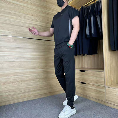 Heren casual sportieve korte mouwen lange broek tweedelige set
