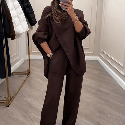 🔥 53% KORTING ! ✨ Dames 2-Delig Set - Asymmetrische Trui met Wijdpijpbroek, Ruime Pasvorm en Zacht 👚✨