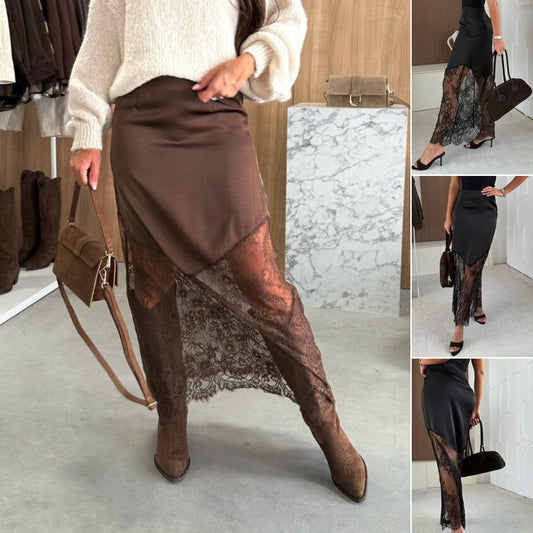 🔥 62% KORTING ! ✨ Lange Avondjurk met Kant - Asymmetrische Zoom, Vallende Stof, Perfect voor Speciale Gelegenheden 👗✨