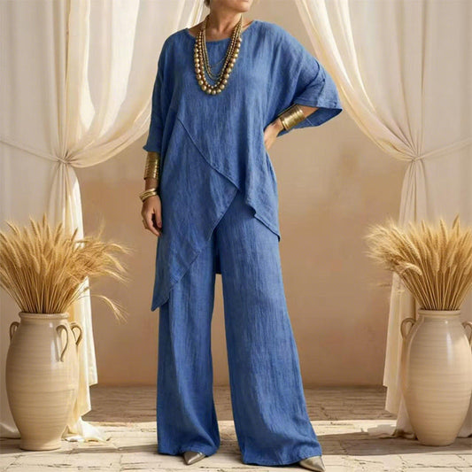 💎 60% RABATT! 💎 Zweiteiliges Damen-Outfit – Lockere Passform, Asymmetrisches Top & Weitbeinige Hose (8 Farben | S–3XL) 👗🌿