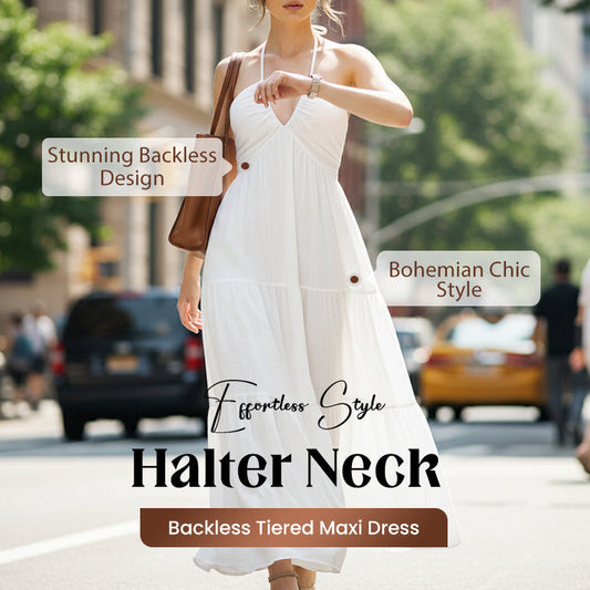 👗 50% RABATT JETZT! Bohemian Chic Maxikleid – Halterneck, Rückenfrei, Fließender Stufenrock für Sommer & Urlaub ✨🌞