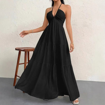 👗 50% RABATT JETZT! Bohemian Chic Maxikleid – Halterneck, Rückenfrei, Fließender Stufenrock für Sommer & Urlaub ✨🌞