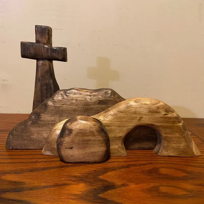 💎 60% RABATT! 💎 Osterszene „Leeres Grab“ – 4-teiliges Massivholz-Set mit Kreuz, Stein & Berg zur Auferstehungsdekoration ✝️🕊️