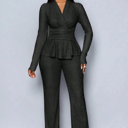 💎 60% RABATT! 💎 2-teiliges Peplum-Set für Damen – Crossover-V-Ausschnitt, Wickel-Taille & Strukturierter Stoff (Schwarz, Apricot, Braun | S–XL) 👗✨