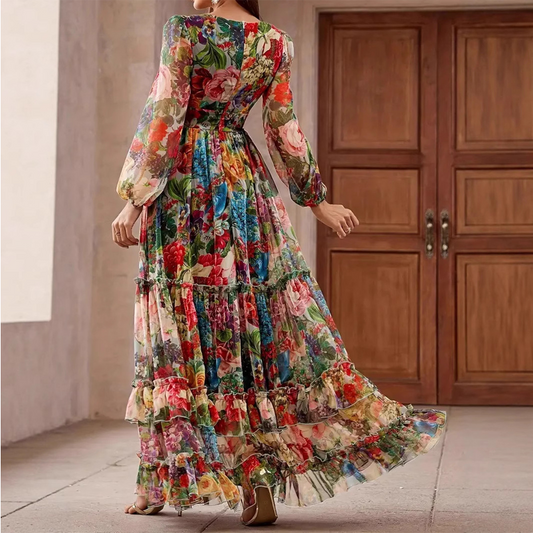 💎 -50% AUF DAS ROMANTISCHE BLUMENKLEID! 💎 V-Ausschnitt, Laternenärmel & Fließender Boho-Maxirock für den Sommer