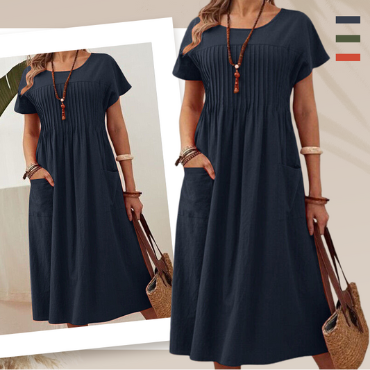 💎 -50% AUF DAS FALTENKLEID! 💎 Kurzarm, Mit Taschen & Aus Leichter Baumwoll-Leinen-Mischung – Perfekt für den Sommer