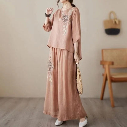 💎 -50% AUF VINTAGE-STICKEREI SET! 💎 Atmungsaktives Baumwoll-Leinen, 3/4-Ärmel & Weite Hose für Damen
