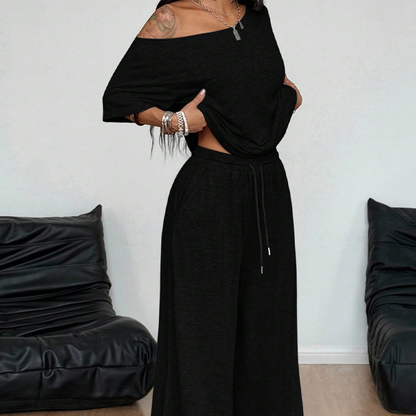 🌟 50% RABATT ! 2-teiliges Set für Damen – Asymmetrisches Off-Shoulder-Top & Weite Hose | Bequem & Stilvoll 💃