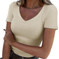 👕 LIMITED-TIME 50% RABATT! ✨ Slim-Fit T-Shirt für Damen – V-Ausschnitt, Gerippt, Basic ✨