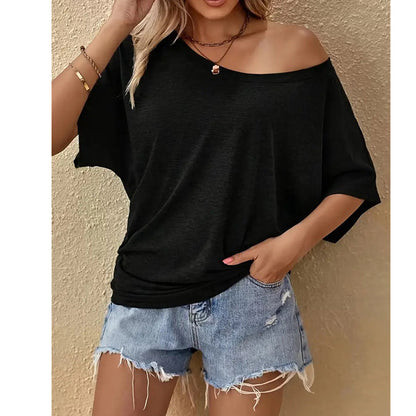 👚 LIMITIERTES ANGEBOT: 50% RABATT! 🌸 Off-Shoulder T-Shirt für Damen – Asymmetrischer Ausschnitt, Lässiger Oversize-Schnitt & Sommertrend ☀️