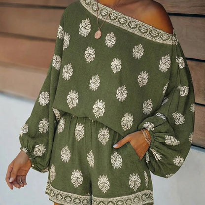 ☀️ LIMITIERTE ZEIT: 50% RABATT! ✨ Bohème-Off-Shoulder-Jumpsuit – Vintage-Print, Elastisch, Sommertraum 🌴