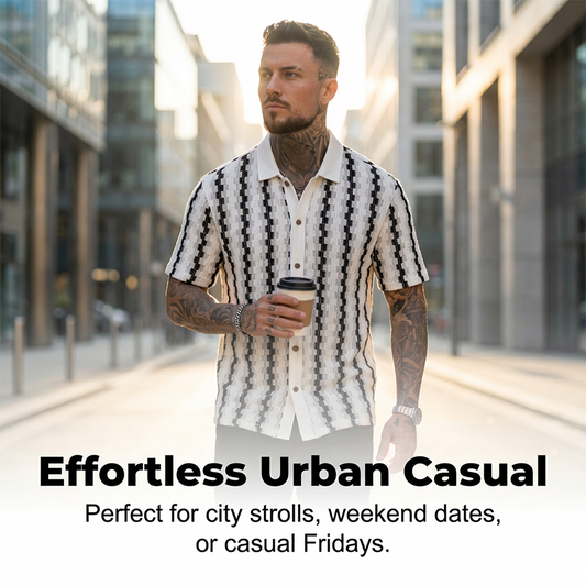 👔 LIMITED-TIME 50% RABATT! ✨ Retro-Geo-Strick-Shirt für Herren – Kurzarm, Atmungsaktiv, Kontrastkragen 🍂