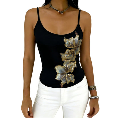 ✨ LIMITED-TIME 50% RABATT! 🌸 Slim Fit Träger-Top mit Paillettenblume – Glitzernd, Stretch, Vielseitig 💃