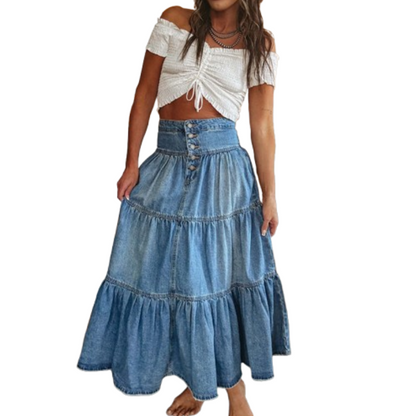 👗 LIMITED-TIME 50% RABATT! ✨ Damen Denim Maxirock – Hochbund, Gestuft, A-Linie ✨