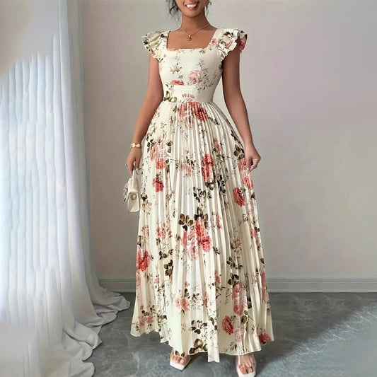 👗 LIMITIERTES ANGEBOT 50% RABATT! 🌸 Elegantes Blumenprint-Maxi-Kleid mit Volantärmeln & Hochwaist – Plisseerock, Quadrat-Ausschnitt, Romantisch ✨