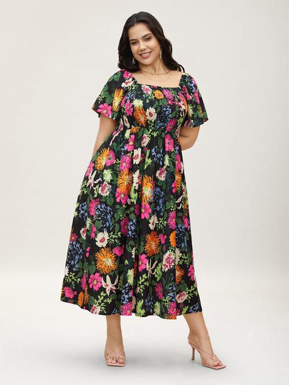 ⏰Sommer Heißer Verkauf 50% RABATT💃Geblümtes Smock-Kleid mit eckigem Ausschnitt und Taschen