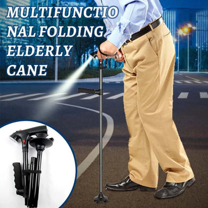 📢📢50% OFF !!⏰ Multifunction Folding Walking Cane – Built-In Light, Emergency Alarm, Quad Base & 5-Level Height