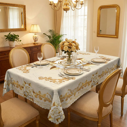 📢📢50% OFF !! ⏰ 🍽️ Waterproof Gold Rose Tablecloth – Embossed Effect, Stain-Resistant & Elegant for Dining ✨
