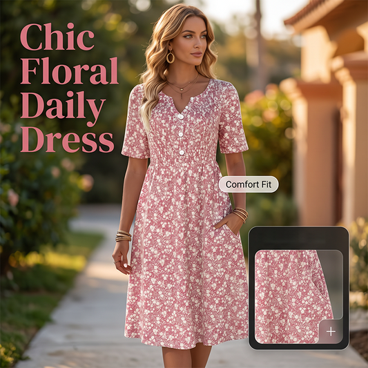 📢📢50% OFF !! ⏰ Women's Casual V-Neck Print Dress with Pockets – Floral Design & Functional Side Pockets 🌸