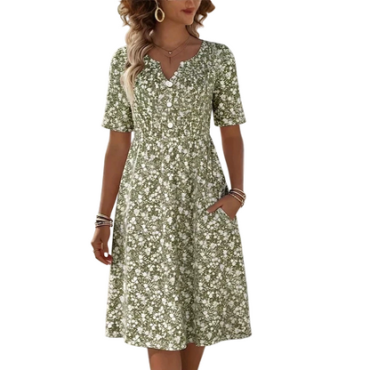 📢📢50% OFF !! ⏰ Women's Casual V-Neck Print Dress with Pockets – Floral Design & Functional Side Pockets 🌸