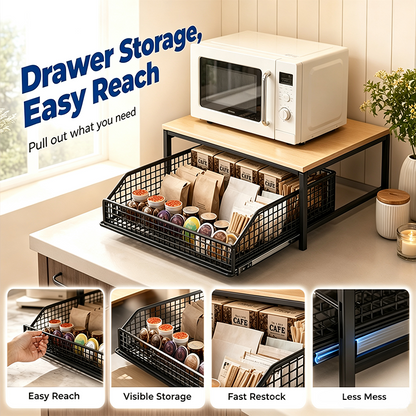 📢📢50% OFF & Free shipping💥2-Tier Kitchen Microwave Stand with Slide-Out Drawer — Heavy-Duty Countertop Shelf