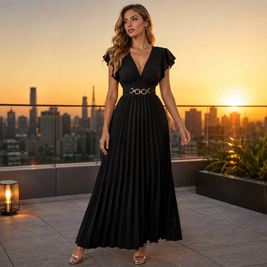 🎉 2026 Sale — Over 35,000 Sold 💃 Women Flowy Pleated V-Neck Maxi Dress – Ruffle Sleeve Metal Waist Gown 🌸