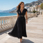 🎉 2026 Sale — Over 35,000 Sold 💃 Women Flowy Pleated V-Neck Maxi Dress – Ruffle Sleeve Metal Waist Gown 🌸