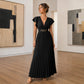🎉 2026 Sale — Over 35,000 Sold 💃 Women Flowy Pleated V-Neck Maxi Dress – Ruffle Sleeve Metal Waist Gown 🌸