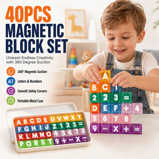 📢📢50% OFF !!⏰ 🧲 Magnetic Alphabet & Number Cubes – 40 Pieces, 360° Snap-On Play – Learn Letters & Math Through Play! ✨