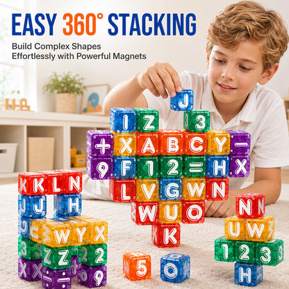 📢📢50% OFF !!⏰ 🧲 Magnetic Alphabet & Number Cubes – 40 Pieces, 360° Snap-On Play – Learn Letters & Math Through Play! ✨