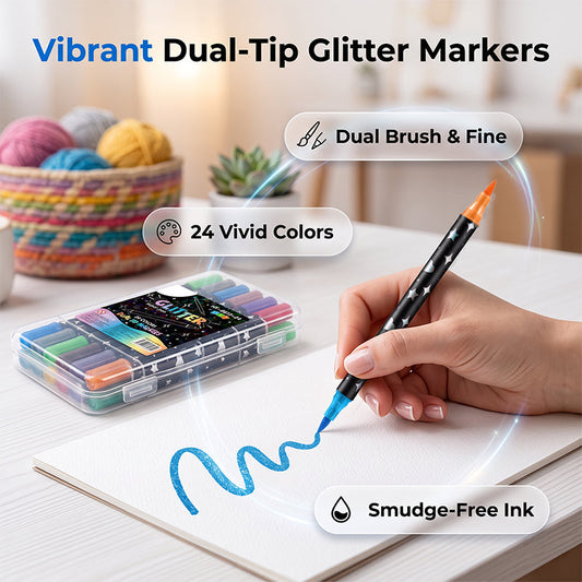 📢📢50% OFF !! ⏰Dual-Tip Glitter Markers Set – 24/48/72/96/120 Colors Shimmering Art Pens with Fine & Brush Tips, Quick-Drying Water-Based Ink