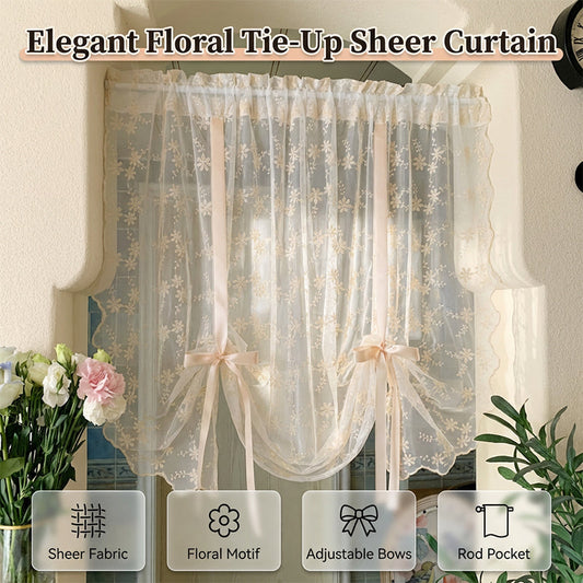 📢📢50% OFF !! ⏰🌸Embroidered Floral Tie-Up Sheer Curtain