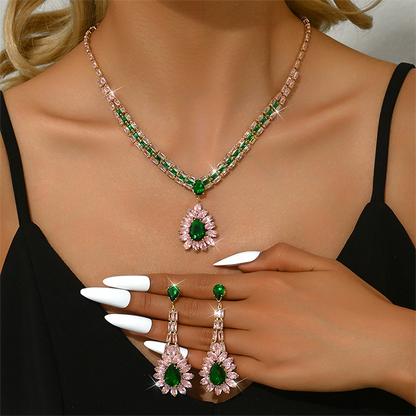 📢📢50% OFF !! ⏰💎 Zircon Jewelry Set – Necklace & Drop Earrings for Women – Pink & Green Design, Premium Copper Base ✨